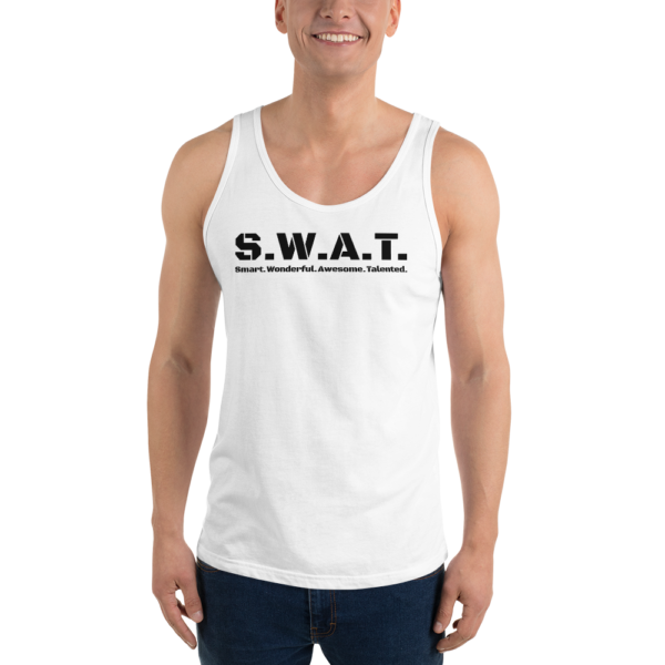 Unisex white tank top, black text on one side says swat written out phonetically with smart wonderful awesome talented written out dictionary style underneath, on a man