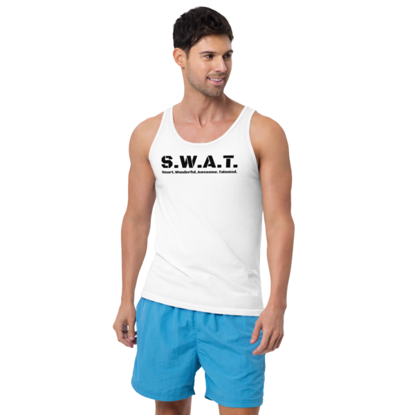 Unisex white tank top, black text on one side says swat written out phonetically with smart wonderful awesome talented written out dictionary style underneath, on a man