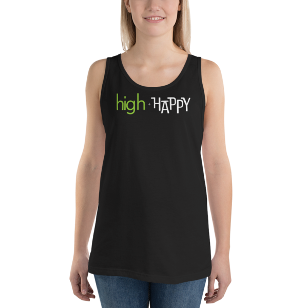 Unisex black tank top, green and white text on one side says high + happy in regular arial like font, on a woman