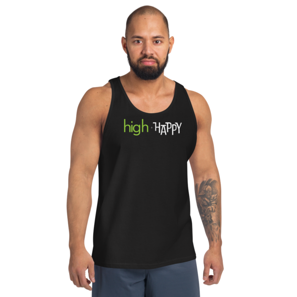 Unisex black tank top, green and white text on one side says high + happy in regular arial like font, on a man