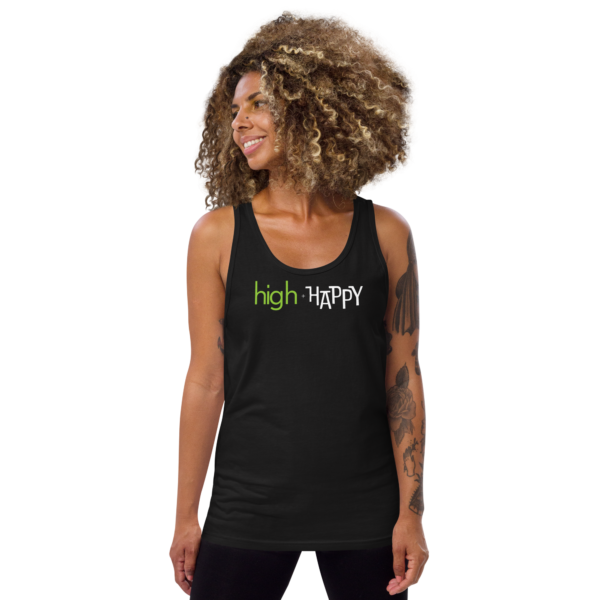 Unisex black tank top, green and white text on one side says high + happy in regular arial like font, on a woman