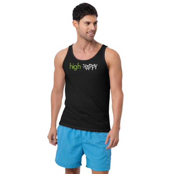 Unisex black tank top, green and white text on one side says high + happy in regular arial like font, on a man