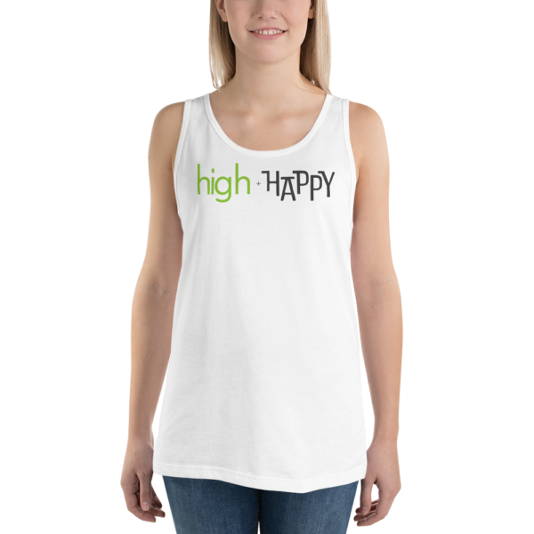 Unisex white tank top, green and black text on one side says high + happy in regular arial like font, on a woman