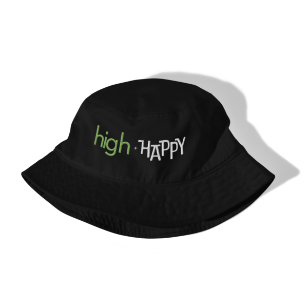 Black bucket hat, green and white text on one side says high + happy in regular arial like font