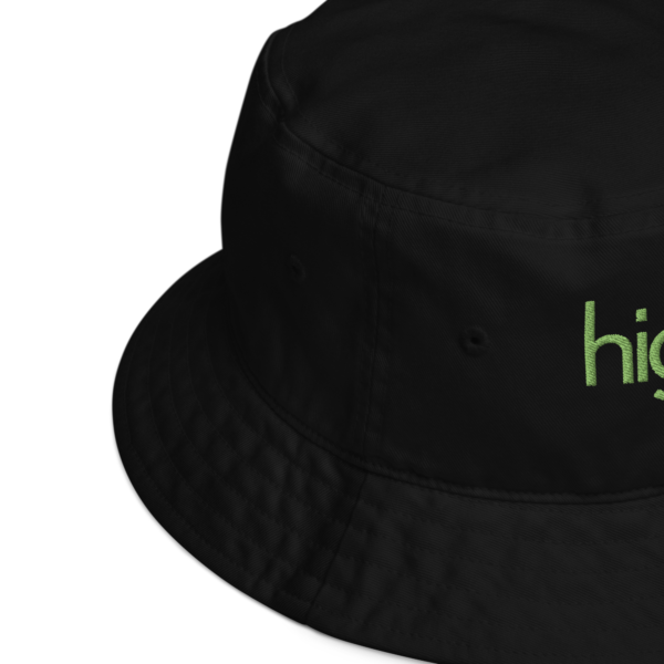 Black organic bucket hat, up close view of product details