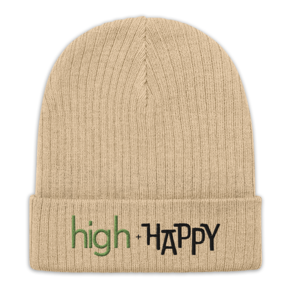 Beige ribbed knit beanie, green and black text on one side says high + happy in regular arial like font