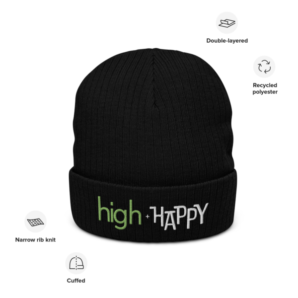 Black ribbed knit beanie, green and white text on one side says high + happy in regular arial like font