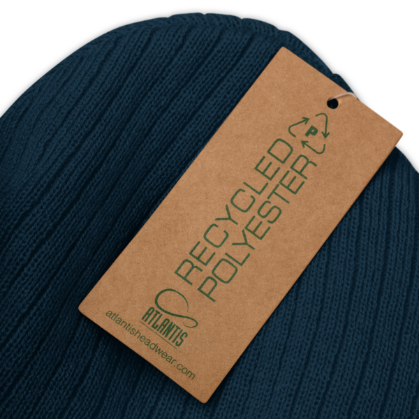 Navy ribbed knit beanie, tag says recycled polyester