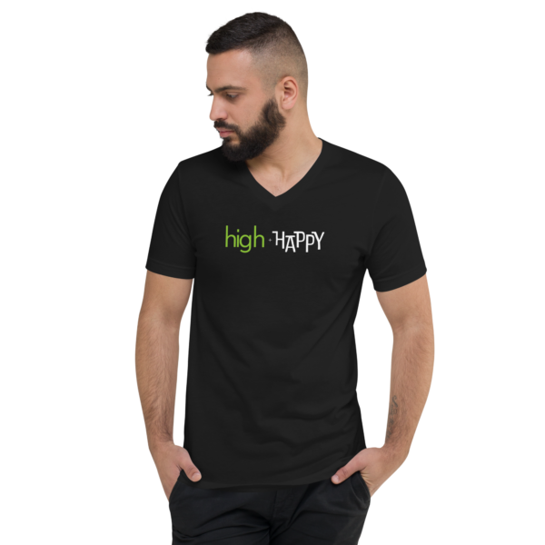 Unisex black v neck tee, green and white text on one side says high + happy in regular arial like font, on a man