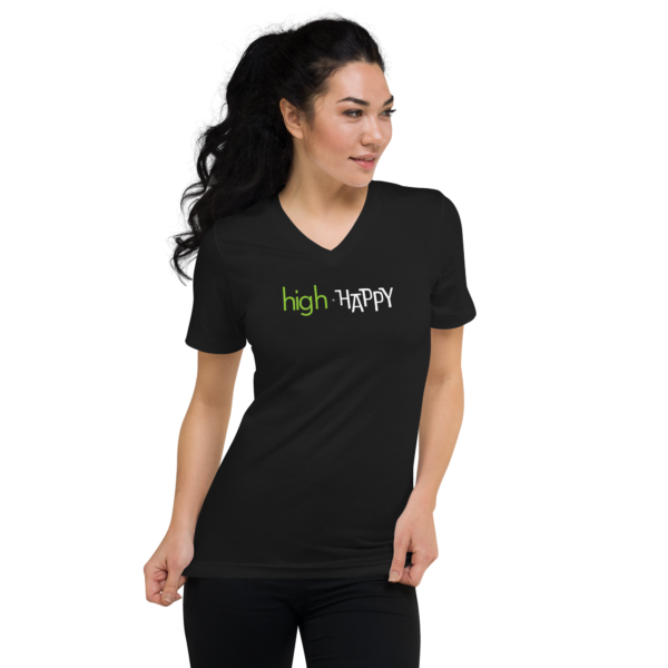 Unisex black v neck tee, green and white text on one side says high + happy in regular arial like font, on a woman