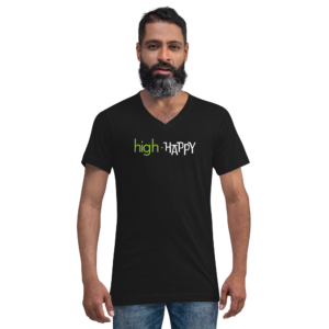 Unisex black v neck tee, green and white text on one side says high + happy in regular arial like font, on a man