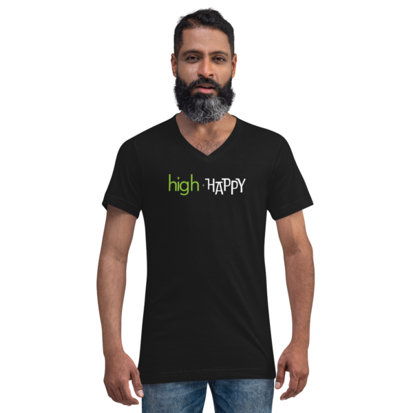 Unisex black v neck tee, green and white text on one side says high + happy in regular arial like font, on a man