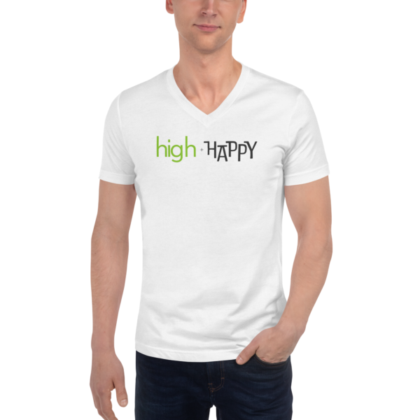 Unisex white v neck tee, green and black text on one side says high + happy in regular arial like font, on a man