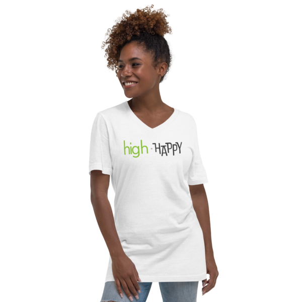 Unisex white v neck tee, green and black text on one side says high + happy in regular arial like font, on a woman