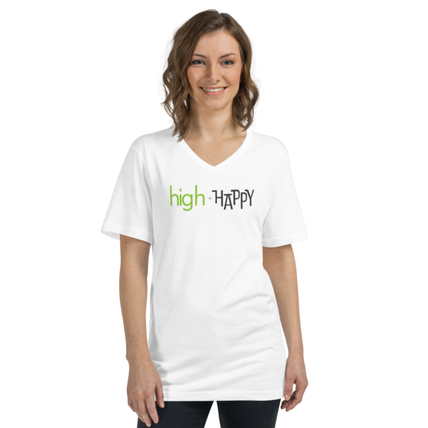 Unisex white v neck tee, green and black text on one side says high + happy in regular arial like font, on a woman