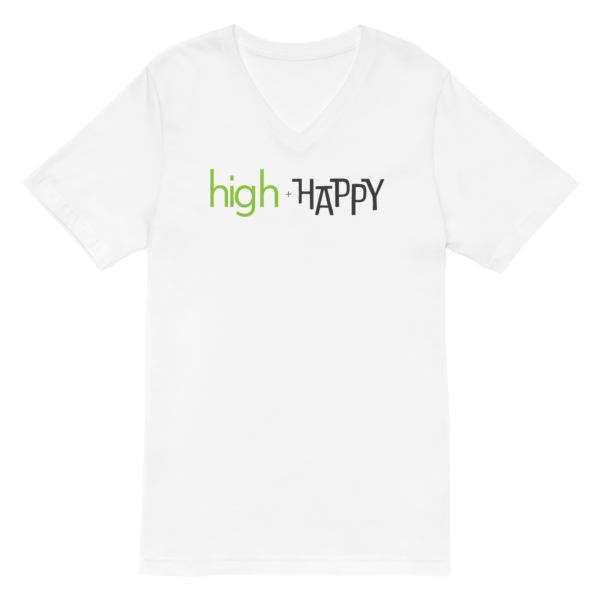 Unisex white v neck tee, green and black text on one side says high + happy in regular arial like font