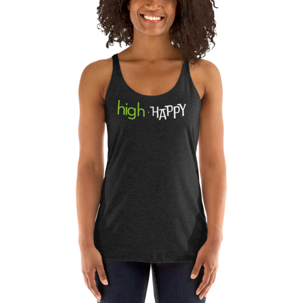 Womens vintage black racerback tank, green and white text on one side says high + happy in regular arial like font, on a woman