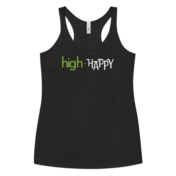 Womens vintage black racerback tank, green and white text on one side says high + happy in regular arial like font