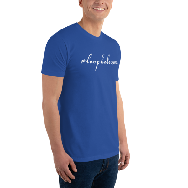 Mens royal blue fitted t shirt, white text on one side says hashtag loophole queen in cursive like font and regular arial like font on a man