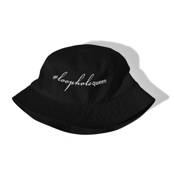 Black bucket hat, white text on one side says hashtag loophole queen written out in cursive like font and regular arial like font