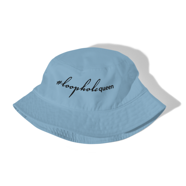 Slate blue bucket hat, black text on one side says hashtag loophole queen written out in cursive like font and regular arial like font