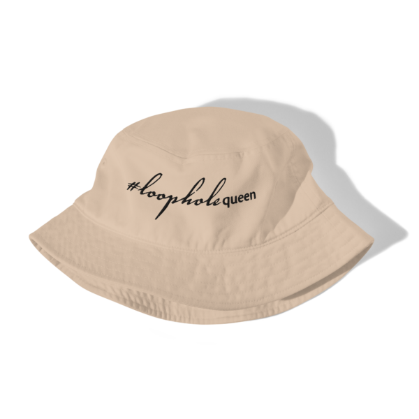 Beige bucket hat, black text on one side says hashtag loophole queen written out in cursive like font and regular arial like font