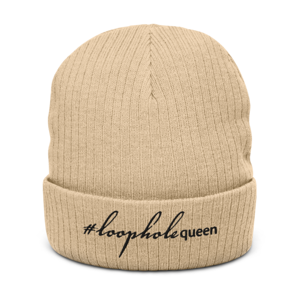 Beige ribbed knit beanie, black text on one side says hashtag loophole queen written in italic cursive like font