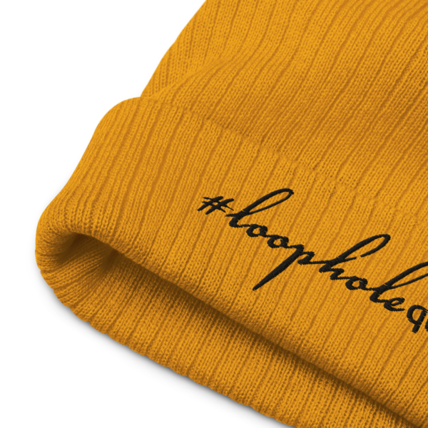 Mustard ribbed knit beanie, black text on one side says hashtag loophole queen written in italic cursive like font