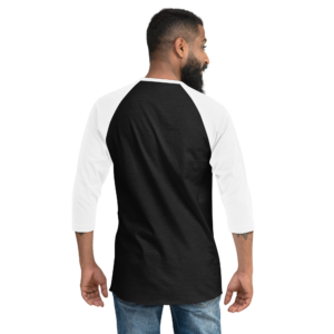White 3 4th sleeve raglan shirt, black in middle, back no text