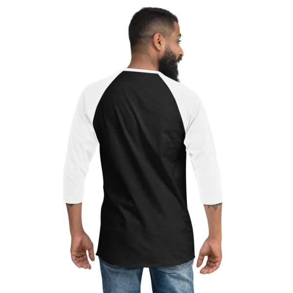 White 3 4th sleeve raglan shirt, black in middle, back no text