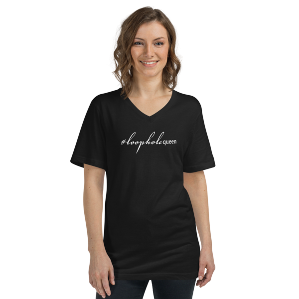 Unisex black v neck t shirt, white text on one side says nonprofit junkie in regular arial font next to a pink heart on a woman