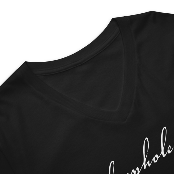 Unisex black v neck, up close view of neckline