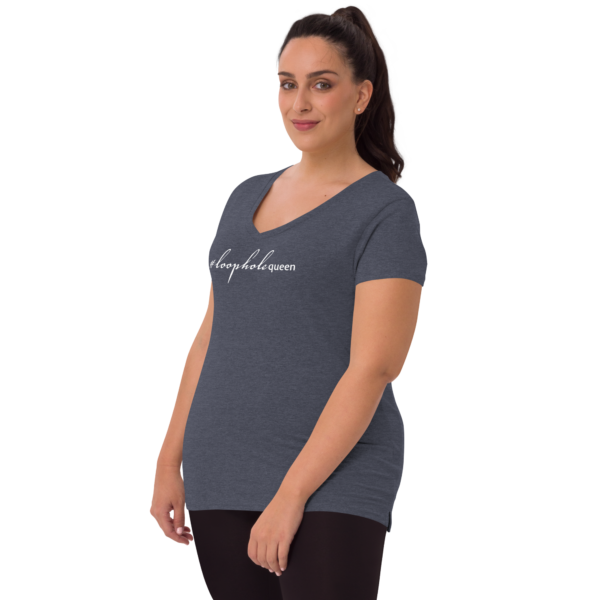 Womens heather navy recycled v neck tee, white text on one side says hashtag loophole queen in cursive like font and regular arial like font on a woman