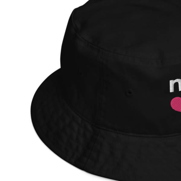 Black organic bucket hat, up close view of product details