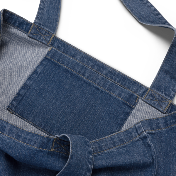 Organic denim tote bag, up close view of product details