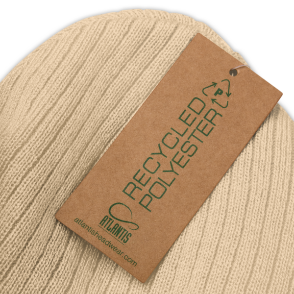 Beige ribbed knit beanie, tag says recycled polyester