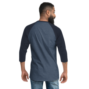 Navy 3 4th sleeve raglan shirt, heather denim in middle, back no text