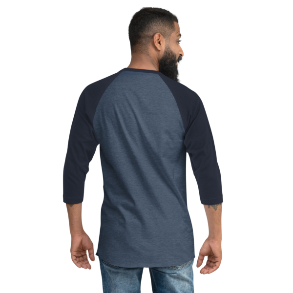 Navy 3 4th sleeve raglan shirt, heather denim in middle, back no text