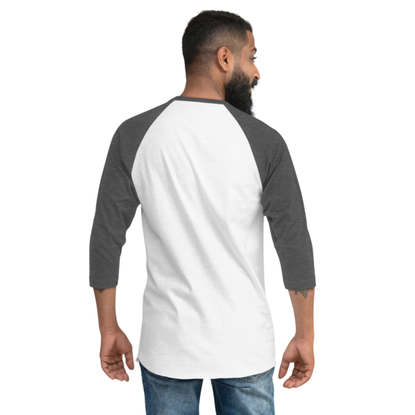 Unisex heather charcoal 3 4th sleeve raglan shirt, white in middle, back no text