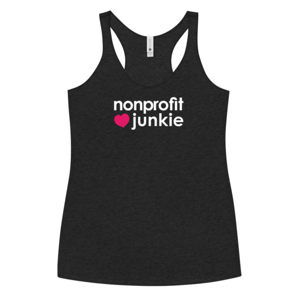 Womens vintage black racerback tank, white text on one side says nonprofit junkie next to a pink heart