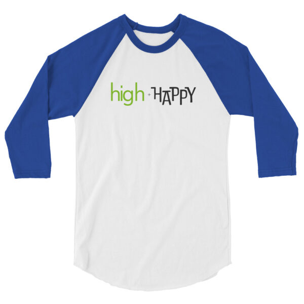 Unisex royal blue 3 4th sleeve raglan shirt, white in middle, green and black text on one side says high + happy in regular arial like font