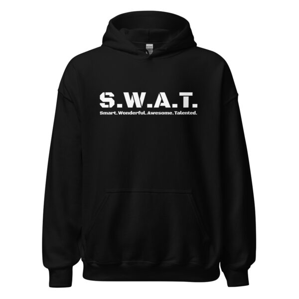 Unisex black hoodie, white text on one side says swat written out phonetically with smart wonderful awesome talented written out dictionary style underneath