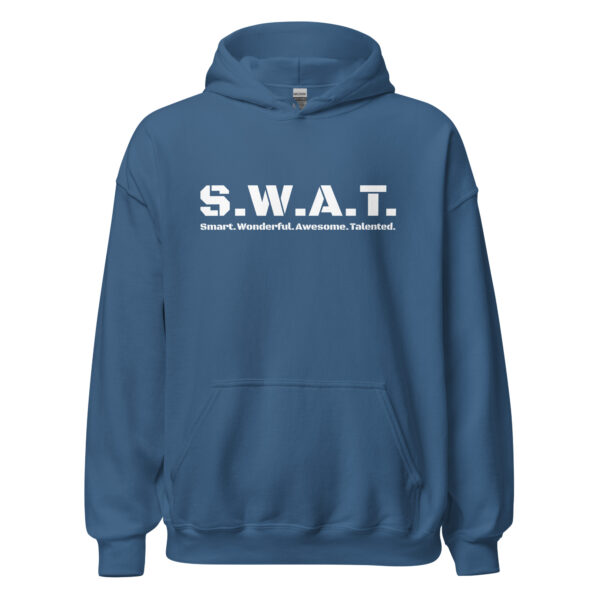 Unisex indigo blue hoodie gildan, white text on one side says swat written out phonetically with smart wonderful awesome talented written out dictionary style underneath