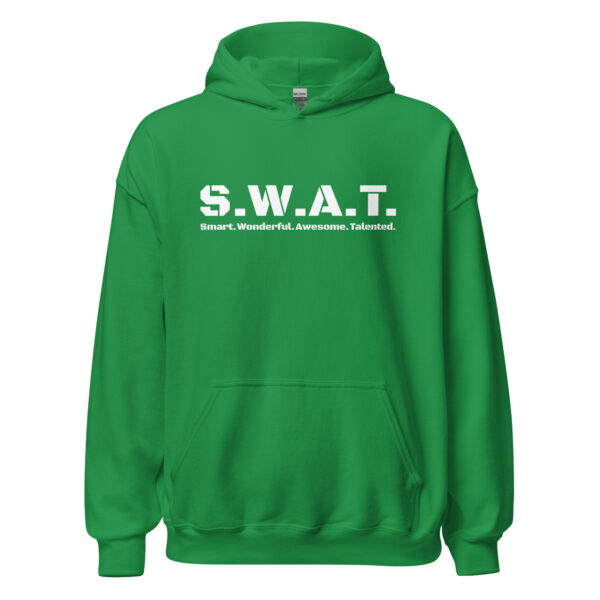 Unisex irish green hoodie gildan, white text on one side says swat written out phonetically with smart wonderful awesome talented written out dictionary style underneath