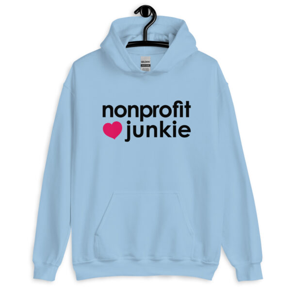 Unisex light blue hoodie, black text on one side says nonprofit junkie in regular arial like font next to a pink heart