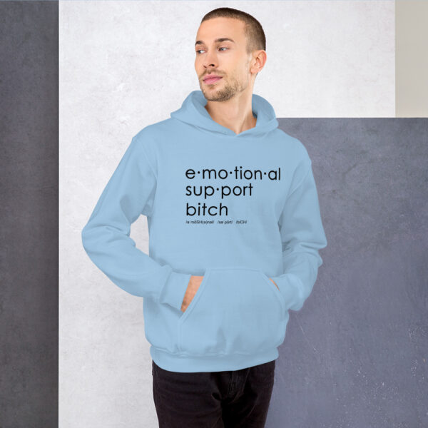 Unisex light blue heavy blend hoodie, black text on one side says emotional support bitch written out dictionary style with phonetics