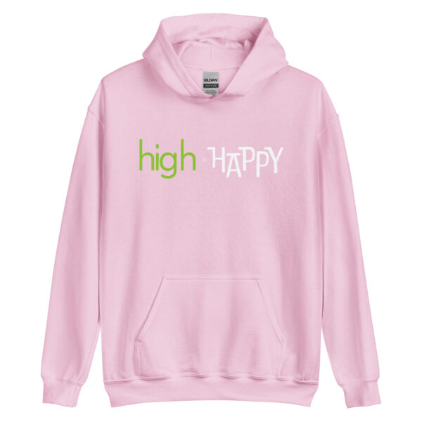 Unisex light pink hoodie, green and white text on one side says high + happy in regular arial like font