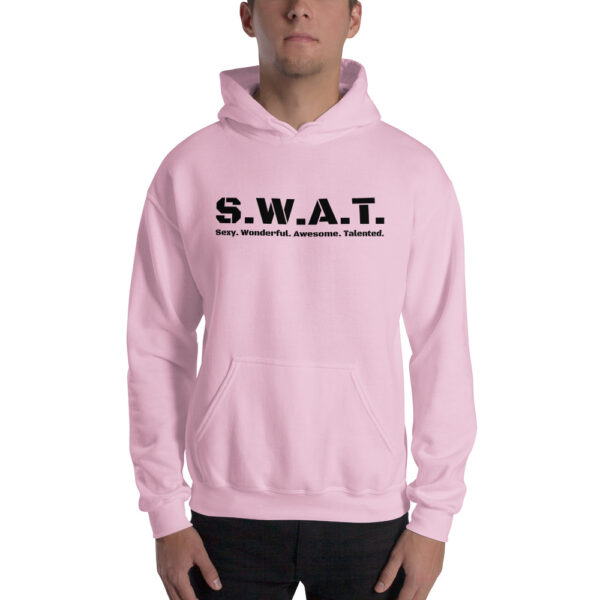 Unisex light pink hoodie, black text on one side says swat written out phonetically with sexy wonderful awesome talented written out dictionary style underneath, on a man