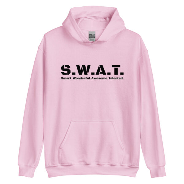 Unisex light pink hoodie, black text on one side says swat written out phonetically with smart wonderful awesome talented written out dictionary style underneath