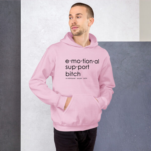 Unisex light pink heavy blend hoodie, black text on one side says emotional support bitch written out dictionary style with phonetics